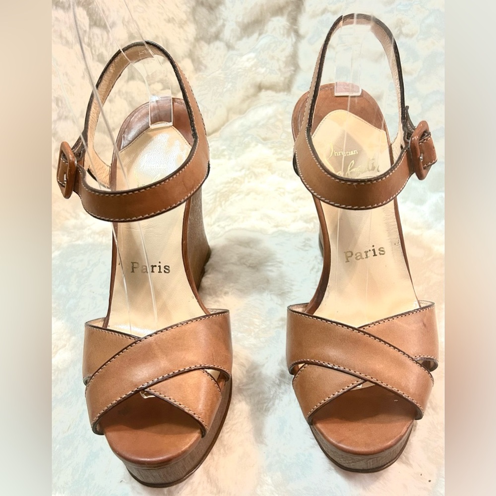 Authentic Christian Louboutin Leather Tan Wooden Wedge Sandals US size 6 - Picture 3 of 16